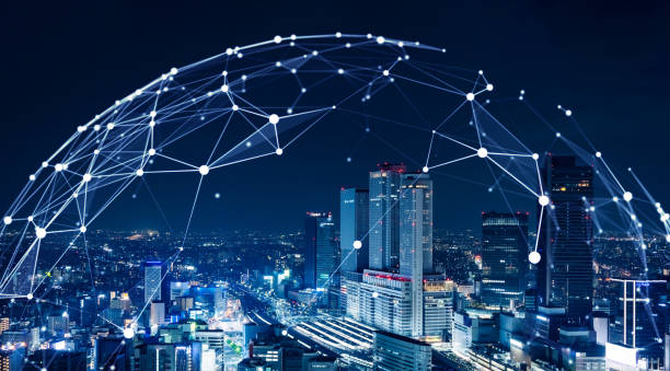 istock Modern cityscape and communication network concept. Smart city. 1459917586