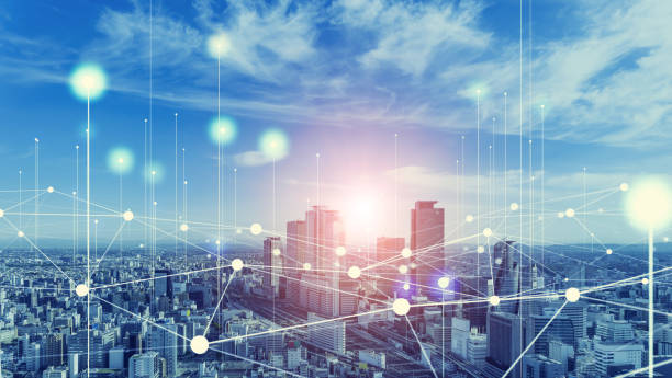 istock Modern cityscape and communication network concept. Smart city. 1459917679