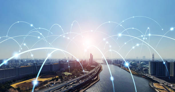 istock Modern cityscape and communication network concept. Smart city. 1459917731