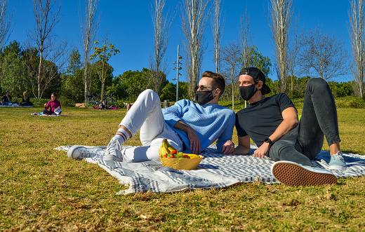 Picture of Young Casual Gay Couple with Protective Face Mask Holding Hands Sitting on Tablecloth Looking to Right Side while Enjoy a Picnic
