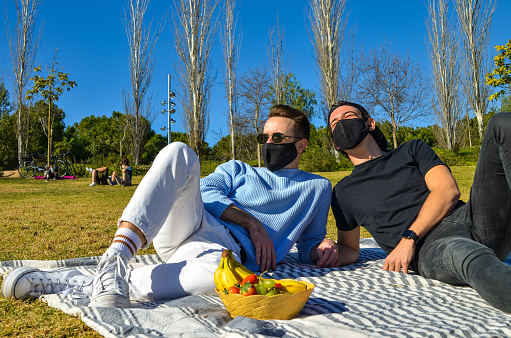 Picture of Young Gay Couple with Protective Face Mask and Sunglasses Holding Hands Together and Laughing Sitting on Tablecloth at Picnic Park