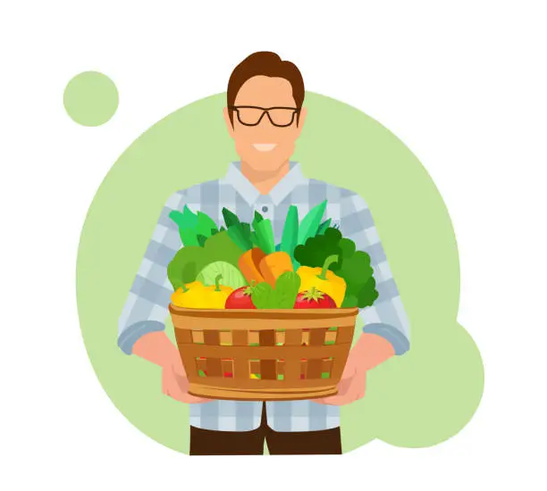 Vector illustration of Vector of a farmer holding a basket with fresh vegetables