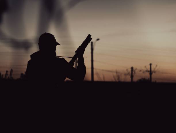 istock Silhouette of a soldier holding a gun during sunset 1459921676