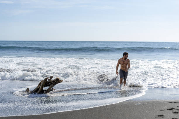 istock Young handsome male walking on the beach shore 1459921825