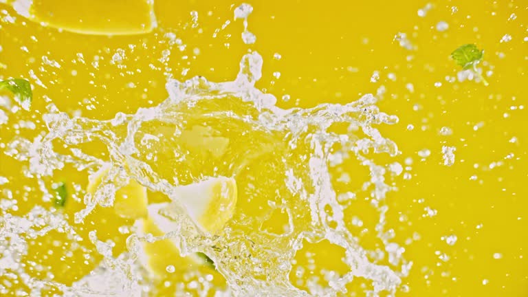 Lemon and Water Rotation on Yellow Background - Super Slow Motion