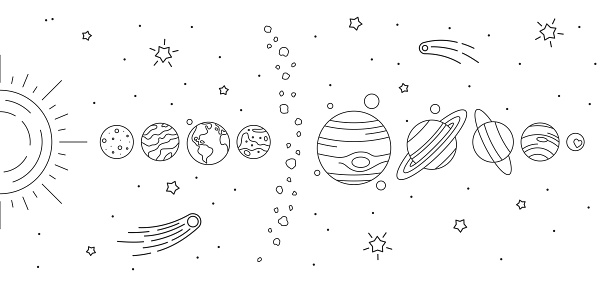 Planets, celestial bodies, falling meteors and stars set. Astronomy and cosmos objects, Universe galaxy planets and stars. Sun, Earth, Mercury, Jupiter, Saturn, Uranus thin line vector illustration