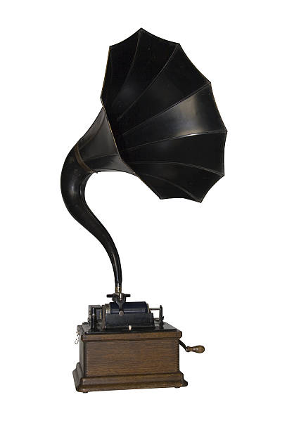 Antique phonograph whit big black speaker stock photo