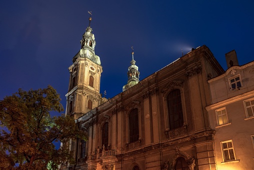 A beautiful night view of the church of the Assumption in Nysa
