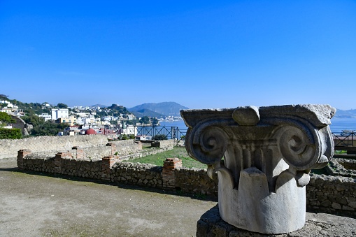 Na, Italy – November 02, 2022: Panoramic view from the ancient Roman baths of Baia, near Naples