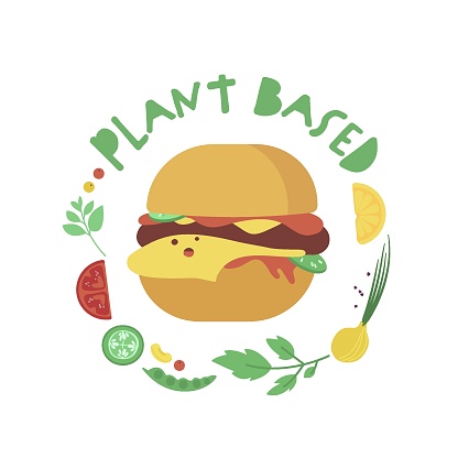 Plant based protein concept. Vegetarian hamburger. Healthy natural vegan food. Graphic design. Editable vector illustration in cartoon style isolated on a transparent background.