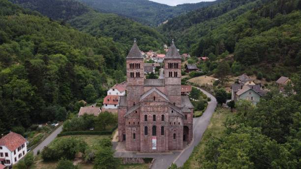aerial view of abbey of murbach between hills - murbach imagens e fotografias de stock