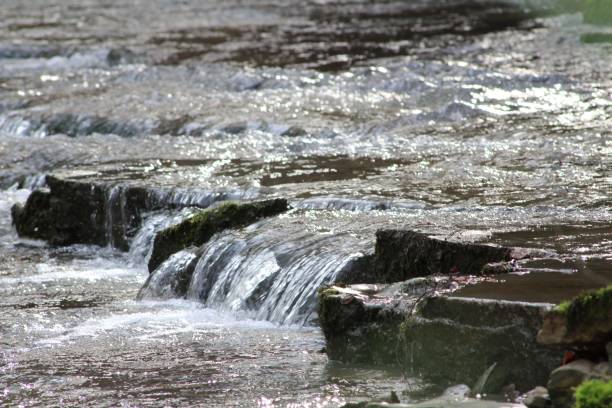 istock Selective focus of a water flowing over a stone cascade, with a sparkling surface in the background 1459931055