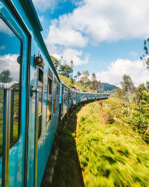 istock Image of moving blue train though the green nature. 1459931312