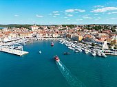 Rovinj  harbour Croatia summers day blue sky drone aerial view