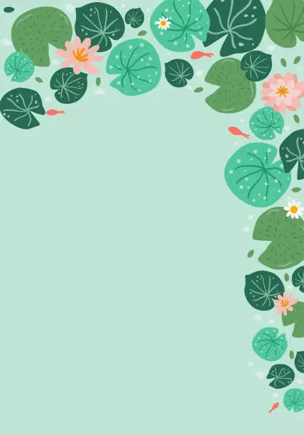 Vector illustration of Lotus poster background vector. Water lily in pond, leaves, fish illustration. Asian floral banner nature design.