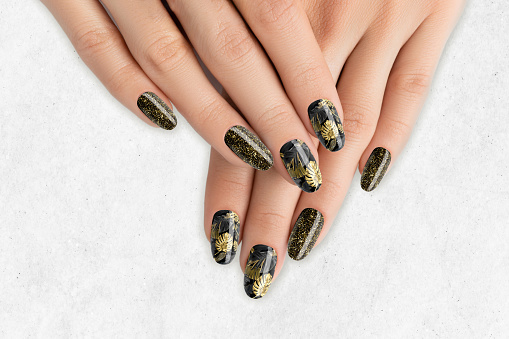 Gold and black manicure on long sharp nails close up on a white background.  Leaf nails.