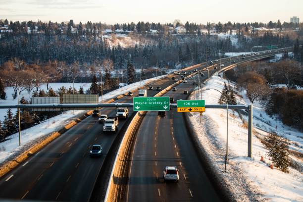 istock Aerial view of road surrounded by snow covered trees 1459936489