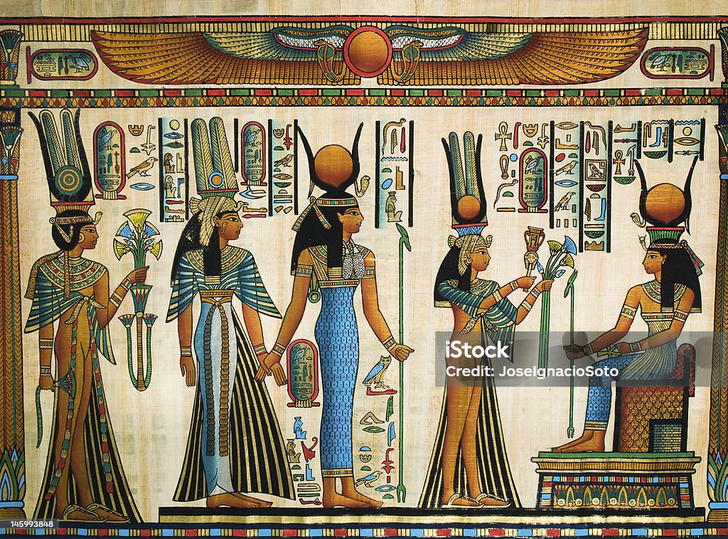 Isis and Nefertari in an Egyptian papyrus Queen Nefertari making an offering to god Isis. Copy of a painting from Nefertaris tomb Queen - Royal Person Stock Photo