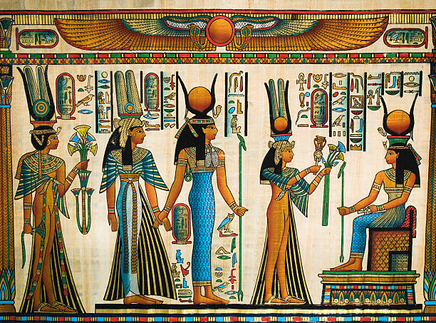 Isis and Nefertari in an Egyptian papyrus Queen Nefertari making an offering to god Isis. Copy of a painting from Nefertaris tomb hieroglyphics photos stock pictures, royalty-free photos & images