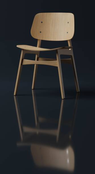 istock Vertical 3d rendered light brown wooden chair against black background with its reflection on ground 1459938581