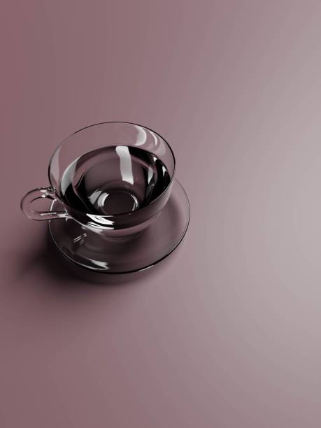 Vertical 3d rendered black glass cup of coffee against a pinky background with water in it