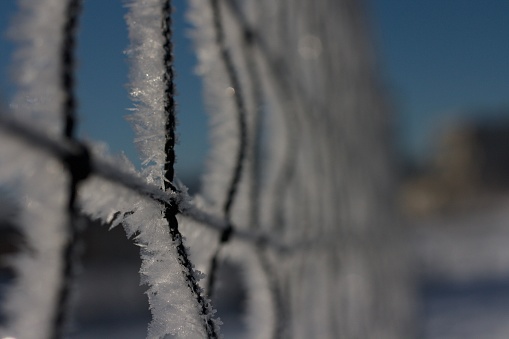 A closeup shot of a fence covered in white frost and ice