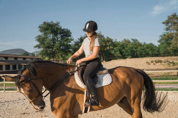 istock Female equestrian riding a horse 1459940419