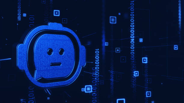 Robot Chatbot Head Icon Sign on Digital Binary Data stock photo