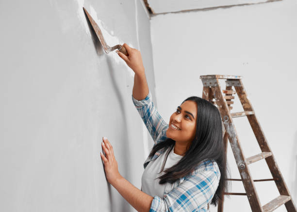 istock Young Indian woman plasters over cracks in wall home DIY project 1459941178