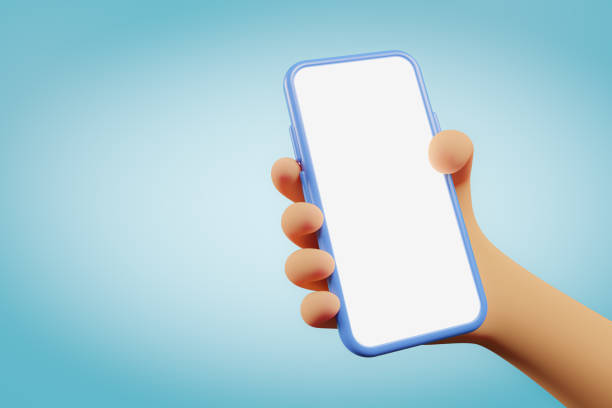 istock Hand holding the blank smartphone in cartoon style - modern frameless design - isolated on blue 1459943526