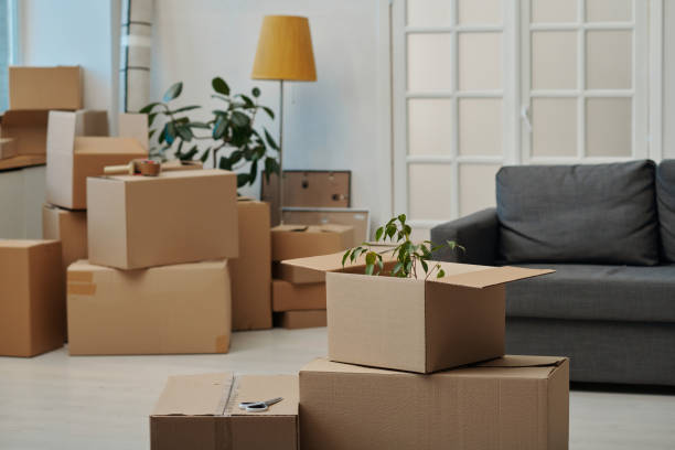 Packed and unpacked boxes for moving Horizontal image of packed and unpacked boxes in the new apartment fresh start stock pictures, royalty-free photos & images