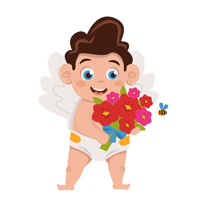 Cute Cupid is holding a beautiful bouquet of flowers. A bee flies nearby. Valentine's Day.