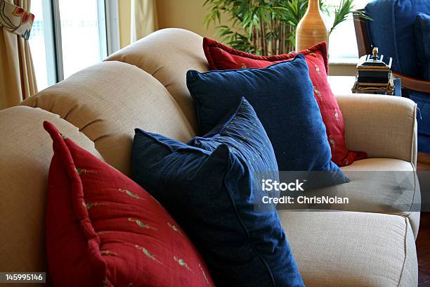 Cushions Resting On Formal Couch In Modern Home Stock Photo - Download Image Now - Beige, Cushion, Decorating