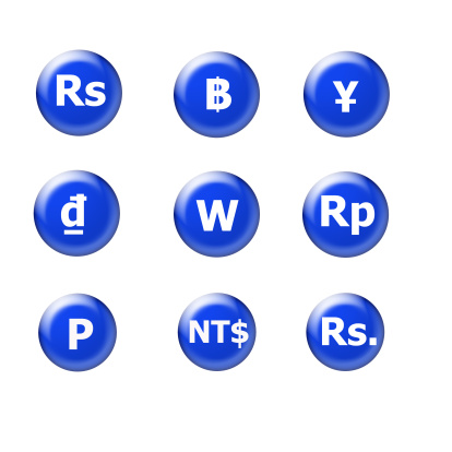 web buttons with symbols for major Asian currencies