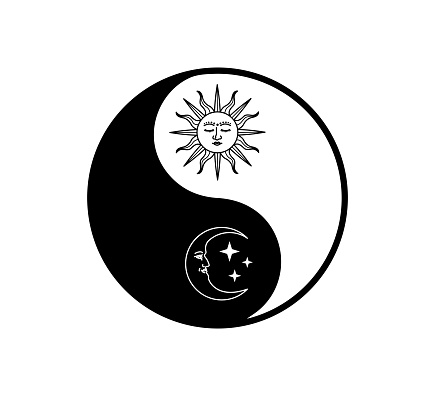 Celestial sun and moon vector with yin yang symbol, vector design for fashion, poster and tattoo designs