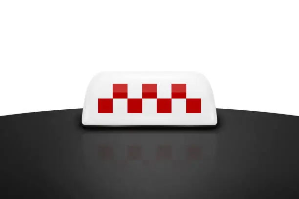Vector illustration of Vector 3d Realistic White and Red Taxi Car Roof Sign Icon Closeup on the Black Roof of a Car Isolated. French Taxi Sign, Design Template for Taxi Service, Mockup. Front View