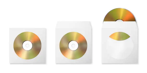 Vector illustration of Vector 3d Realistic Golden CD, DVD with Paper, Plastic Cover, Envelope, Case with Transparent Window Set Isolated. CD Box, Packaging Design Template for Mockup. Compact Disk Icon, Top View