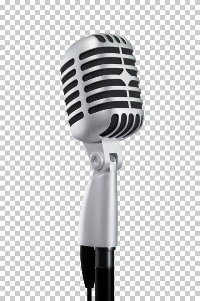 illustrazioni stock, clip art, cartoni animati e icone di tendenza di microfono realistico metallizzato stile vintage su sfondo a scacchi - microphone retro revival old fashioned isolated