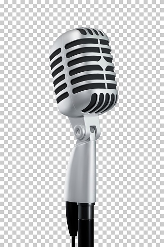 Realistic microphone metallic vintage style on checkered background. Vector illustration