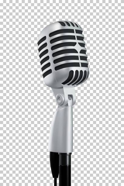 Realistic microphone metallic vintage style on checkered background Realistic microphone metallic vintage style on checkered background. Vector illustration microphone stand stock illustrations