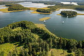 Masuria Aerial View Green Islands and Clouds at Summer Sunny Day.