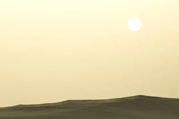 Yellow desert.Landscape fantasy planet with the sun in the sky. Empty planet. 3D render.