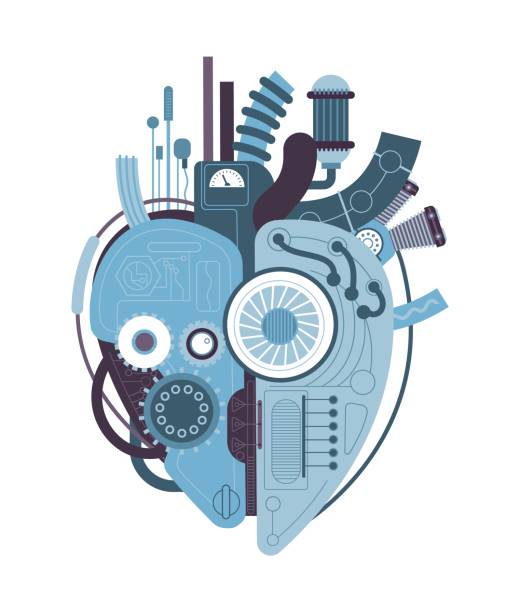 istock Mechanical heart. Machine heart, love motor industrial pump complex with gears pipe cables, robotic steel hearts steam or cyber punk creative tattoo, splendid vector illustration 1459958850