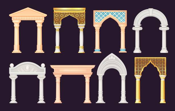 ilustrações de stock, clip art, desenhos animados e ícones de antique arches. architectural stone or marble arch, portal baroque greek castle rome palace luxury facade building old entrance with pillars columns, ingenious vector illustration - palace gate