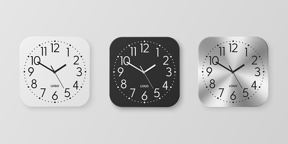 Vector 3d Realistic White, Black, Silver Square Wall Office Clock Icon Set, Design Template Isolated. Dial, Mock-up of Wall Clock for Branding and Advertise Isolated. Clock Face Design.