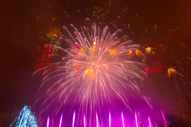 Beautiful colorful fireworks display lights up the sky with dazzling display during New Year celebration. Abstract colored fireworks background with copy space. Celebration and anniversary concept hermosa exhibición de fuegos artificiales coloridos ilumina el cielo con una exhibición deslumbrante durante la celebración del año nuevo. fondo abstracto de fuegos artificiales de colores con espacio de copia. concepto de celebración y aniversario
