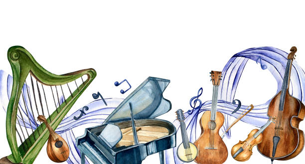 illustrations, cliparts, dessins animés et icônes de tableau d’instruments de musique classique et note vague aquarelle illustration isolée. - contre basson