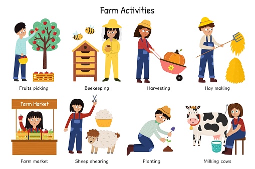 Farm activities set with cute kids farmers. Cute characters doing gardening and agricultural work