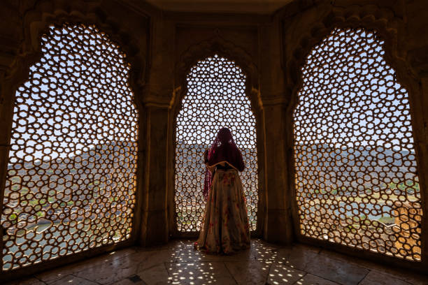 Young Indian woman, wearing sari, looking through the window, Rajasthan, India