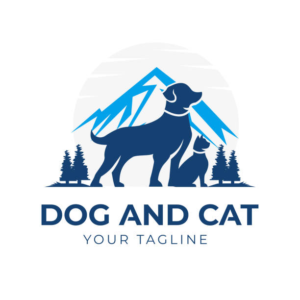 векторная иллюстрация домашней собаки и кошки и ландшафтный фон гор, озер, сосен, кипарисов. может использоваться в качестве зоомагазина - puppy feline domestic cat fur stock illustrations